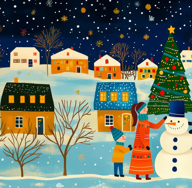 A family building a snowman in a snowy winter village with a decorated Christmas tree and falling snow.