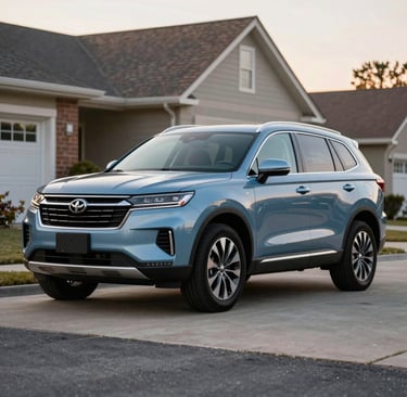 A modern SUV parked on a clean North American suburban driveway at golden hour, the vehicle is slate blue and gleaming, professional automotive photography emphasizing security.