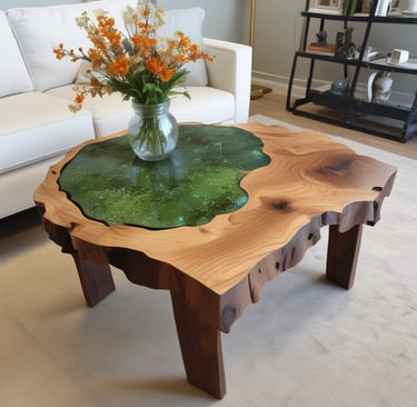 Custom-sized dining table with live edges, highlighting unique wood patterns under soft lighting.