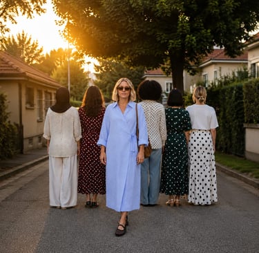 Robe oversize femme cache-cœur bleue à rayures BEWOOMAN portée en ville, coupe ample toutes silhouettes