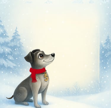 Samson the storybook dog in a red scarf sitting in a soft winter snow scene with glowing light and falling snowflakes — hero