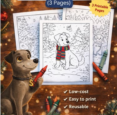 Samson’s Coloring Pack with a friendly storybook dog holding a red crayon and three printable black-and-white coloring pages.