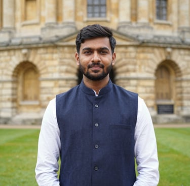 Indian male student standing near a scenic Canadian university entrance with books in hand