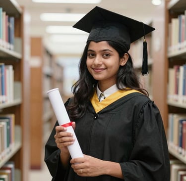 Photo of a cheerful Indian male student, aged 25-30, holding books with a city skyline behind him
