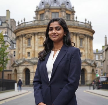 Happy Indian male student around 25 years old with a backpack, standing in front of a university campus.