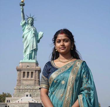 Indian female student smiling confidently with a backpack in a campus setting abroad