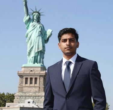 A confident Indian student standing with a backpack in front of a famous UK university building.