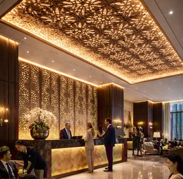 Elegant luxury hotel lobby featuring an ornate backlit laser-cut ceiling and marble reception desk with guests.