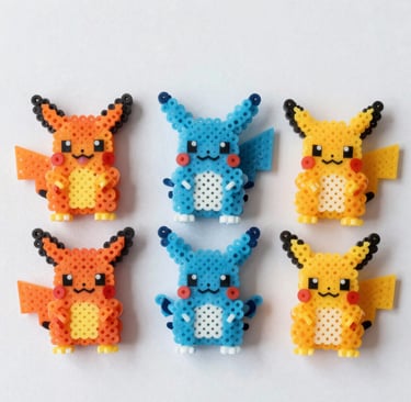 A collection of vibrant perler art gifts displayed on a rustic wooden table