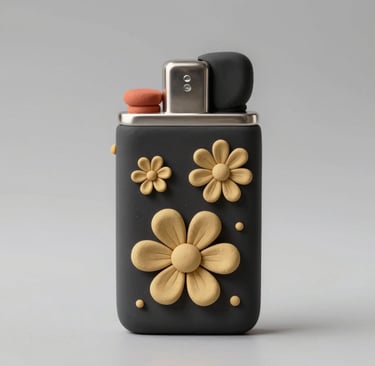 Close-up of a colorful, handmade clay lighter cover with whimsical patterns