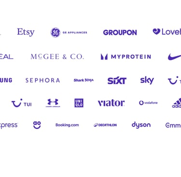 A collection of purple brand logos including Samsung, Nike, Etsy, L'Oreal, and Sephora on a white background.