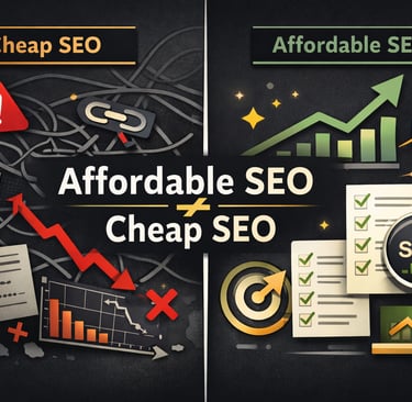 Infographic comparing messy cheap SEO with spam and declining charts to professional affordable SEO strategies for growth.