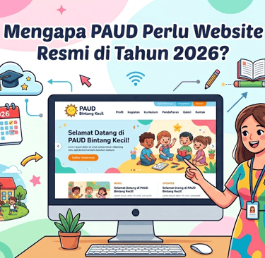 Illustration of why early childhood education or PAUD needs an official website in 2026 featuring digital school portal.