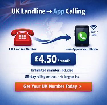 UK landline to app calling service with unlimited minutes for 4.50 per month on a 30-day rolling contract.