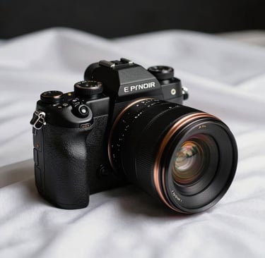 Close-up of a premium, black professional camera body with bronze detailing, resting on a white silk cloth, cinematic side lighting creating elegant shadows, set in a sophisticated North American / US studio.