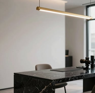 A high-end North American / US photography studio interior, featuring a minimalist aesthetic with clean lines, champagne gold lighting fixtures, and a sleek black marble desk, captured with cinematic depth of field.