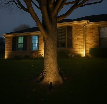 Landscape lighting on a tree and house emphasizing how the shadows improve the house