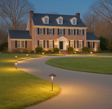 An image of a house that has landscape lighting on it as well as around the circle driveway.