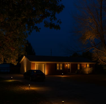 A house that has landscape lighting on both the house and driveway