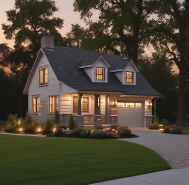 A house at dusk that has landscape lighting both on the house and on the front walkway