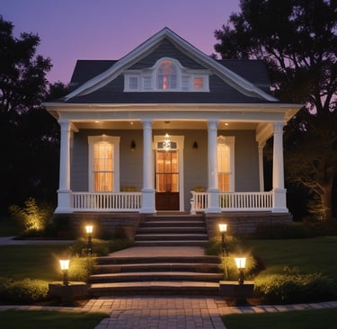 A lit pathway to a house emphasizing the the landscape lighting.