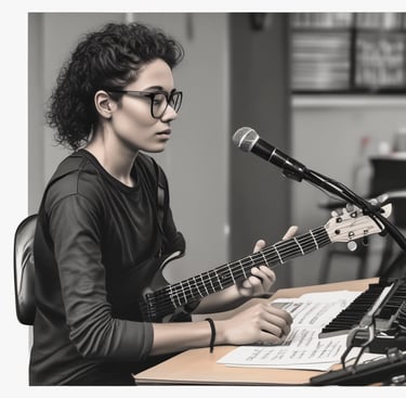A vibrant classroom setting with students engaged in songwriting.