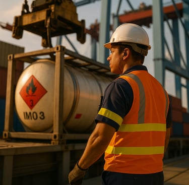 Um trabalhador portuário circulando próximo a um isotanque inflamável prestes a ser içado