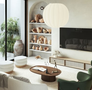 3D rendering of modern living room with neutral and green tones, pendant light, built-in shelves with pottery, and cozy sofa.