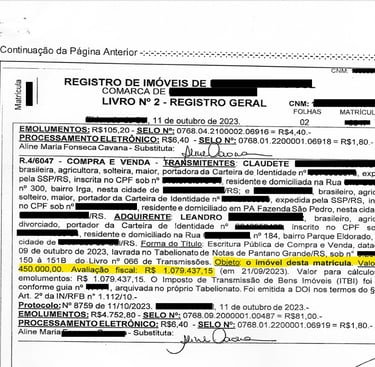 Uma certidão de matrícula do Registro de imoveis