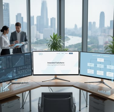 Modern workspace with screens showing a website, sales funnel, and professionals discussing analytic