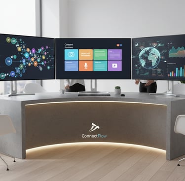 Workspace with screens showing social media dashboards, content calendar, and analytics.