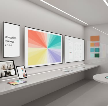 Modern, professional workspace for branding and identity, featuring multiple large screens and table