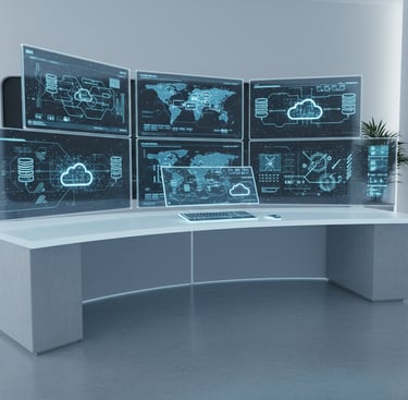 Workspace with screens displaying network diagrams, cloud icons, and server symbols.