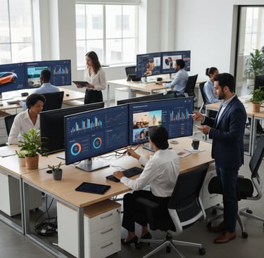 Modern office with screens showing ad dashboards, campaign charts, and ad previews, with realistic p