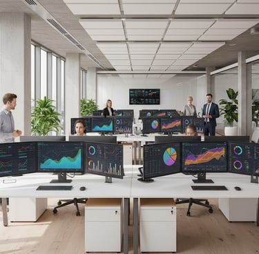 Modern office with natural lighting, people collaborating, and screens showing analytics dashboards 