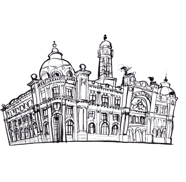 ilustración a tinta de la esquina del edificio correos en Valencia