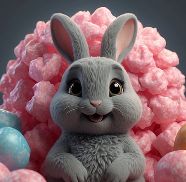a rabbit sitting in a pile of candy