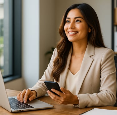 Mujer trabajando desde la oficina, soñando en que puede emprender y poner un negocio.