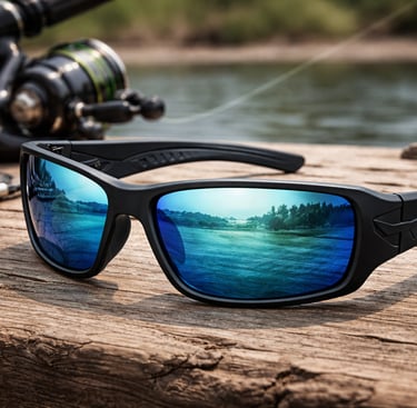 a pair of sunglasses with a fishing rod and a fishing rod