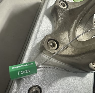 Green MagnetCert compliance tag attached to a lifting magnet