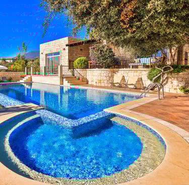 Villa MAE, pool and tree, Quercus Ilex