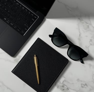 a laptop computer and a notebook with a pen and glasses