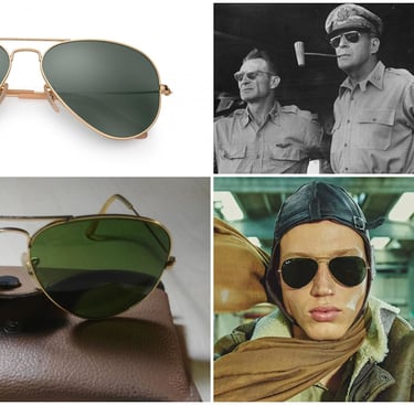 Un collage que muestra un par de lentes de sol de aviador clásicos con lentes verdes.