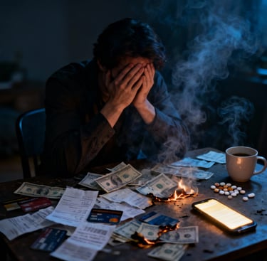 cinematic realism, emotional lighting, realistic human pose, financial anxiety, mental exhaustion