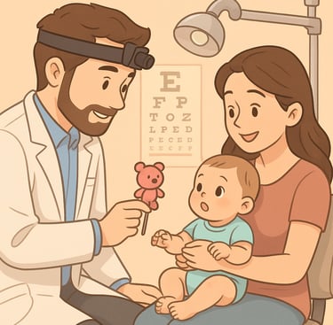 Bebê de 4 a 6 meses no colo da mãe em exame oftalmológico com estímulo visual