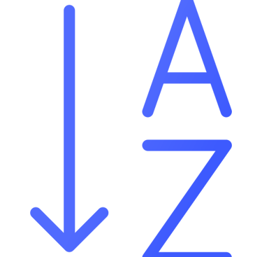Blue alphabetical sorting icon showing A to Z order with a downward arrow on a black background.