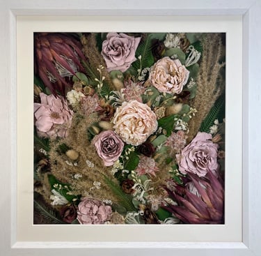 Flower Wall preserved wedding bouquet in a thin white frame