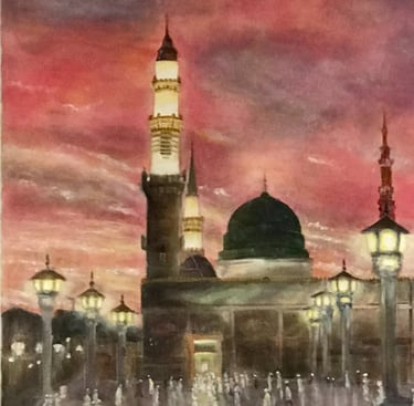 The prophet's Mosque at Madina at vibrant sunset