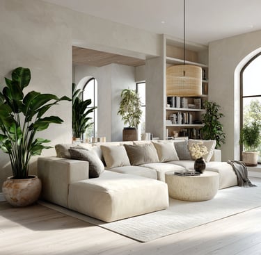 a living room with a couch, plants and a large window