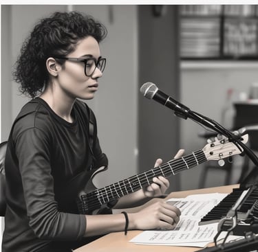 A vibrant classroom setting with students engaged in songwriting.